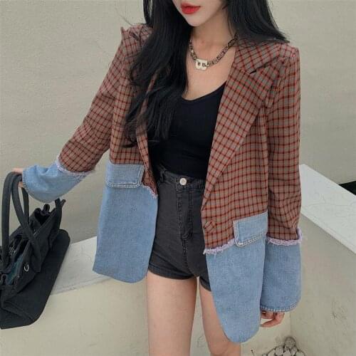 Design Sense Blazer Women Spliced Denim Jacket Female Coat Loose 2021 New Style Suit Blazer Woman