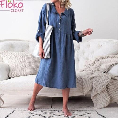 Flokocloset Loose Button Mid Dress 2021 Pure Shirt Dress Women Spring Autumn Turn-down Collar Casual Party Dresses
