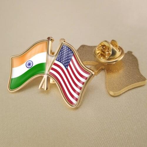India and United States Crossed Double Friendship Flags Lapel Pins Brooch Badges