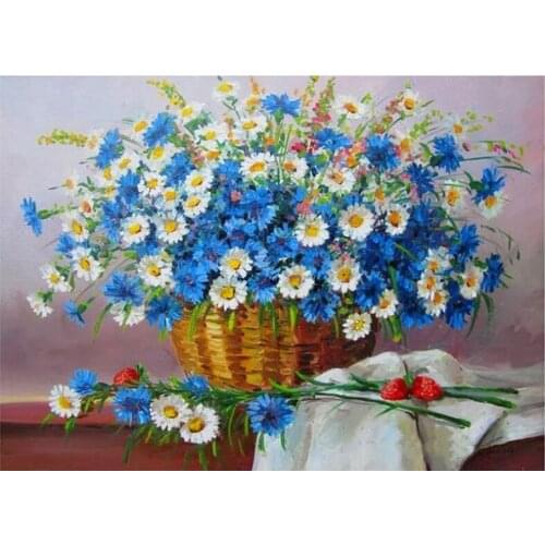 Square Diamond Embroidered Daisy, Diamond Painted Cross-stitch Blue Cornflower Mosaic Round Diamond Art Deco