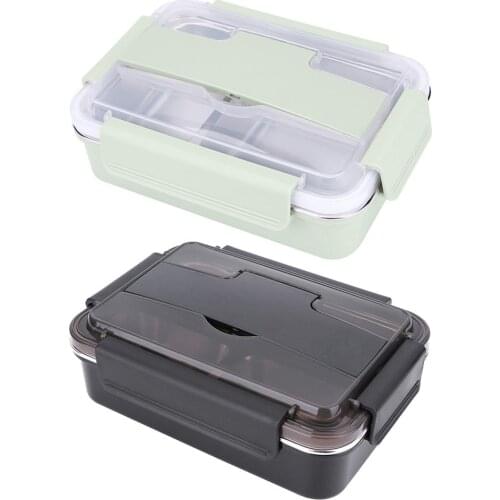 Stainless Steel Lunch Box with Spoon Split Grid Dinnerware Microwave Adult Children Food Storage Container Portable Bento Box