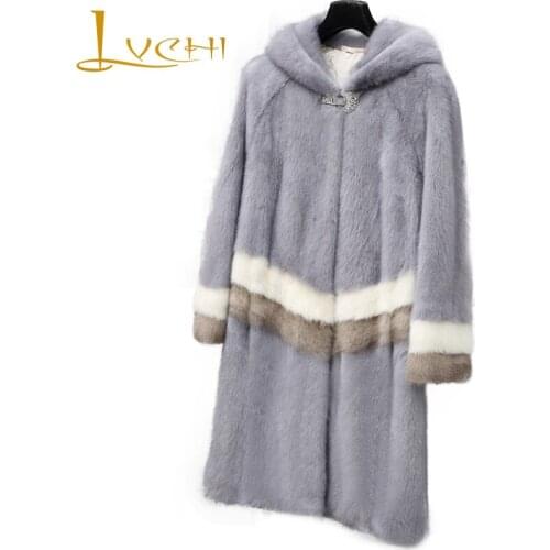 LVCHI Winter 2019 Real Mink Coats Womens Patchwork Striped Sleeve Grey Mink Coat Full Pelt Button Long Slim Hat Mink Fur Coats