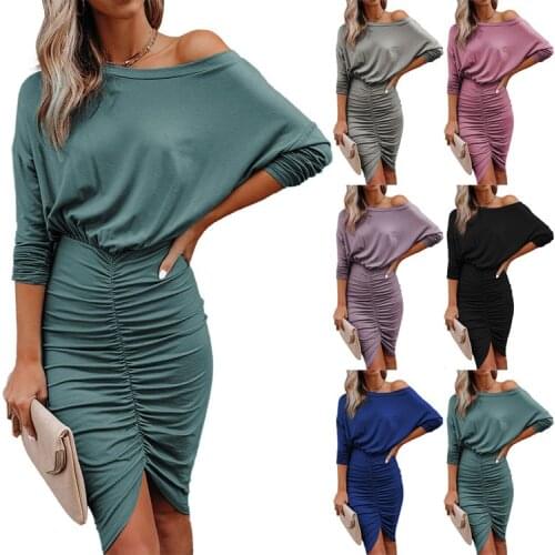 2021 Autumn and Winter Elegant Party Dress Office Long-sleeved Solid Color Sexy Oblique Shoulder Ruffled Slim Dress WDRESZZ