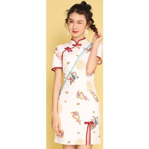 Summer New Chinese Style Cheongsam Modified Version Short Sleeve Slim Dress Young Womens Short