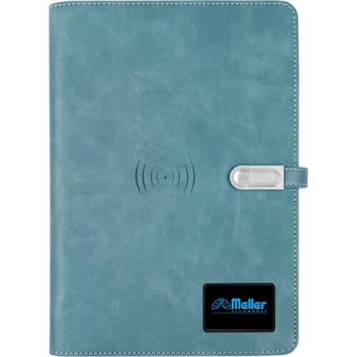 Factory Directly A5 Leather Diary Planner Customize LED Logo Wireless Charger Powerbank Notebook