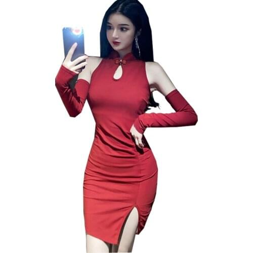 Spring Autumn Fashion Dress Women Sexy Slim Solid Stand Collar Long Sleeve Buttocks Elegant Bodycon Hollow Out Dresses A22