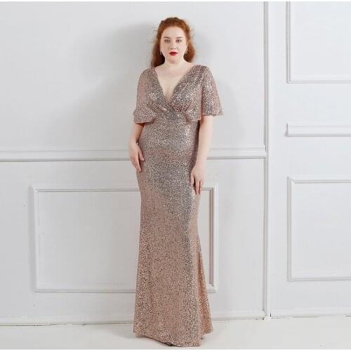 Sexy Deep V-Neck Evening Dress Simple Empire Floor-Length Pleat Short Sleeves Mermaid Sequins Plus Size Women Formal Gowns D1279
