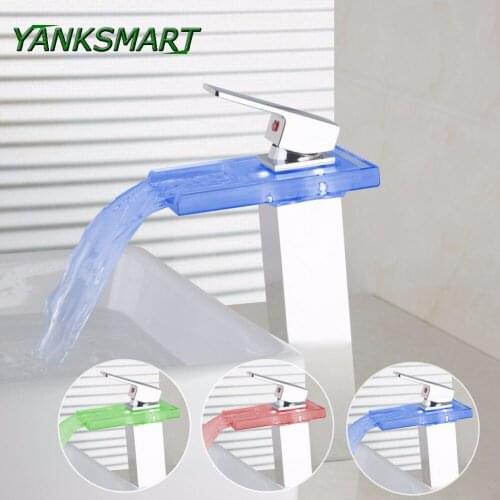 YANKSMART Waterfall LED Light Glass Tall w/Batteries Chrome Deck Mounted Single Handle Bathroom Basin Sink Faucet Mixer Tap