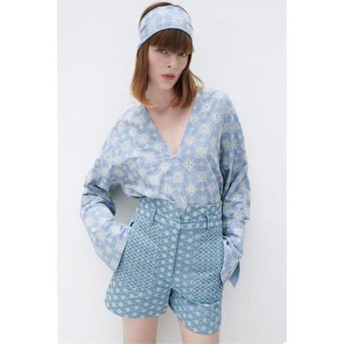 TRAF ZA2021 new womens embroidered V neck neck pullover shirt casual shorts