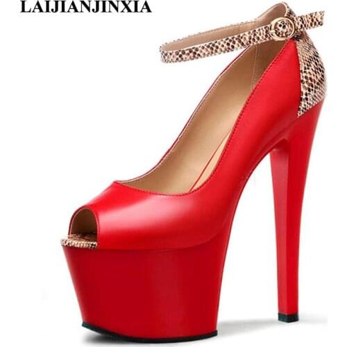 LAIJIANJINXIA Sexy Peep Toe 17cm Thin High Heels Wedding Party Dress Women Pole Dance Shoes Sandals Dancing Shoes Red/Black