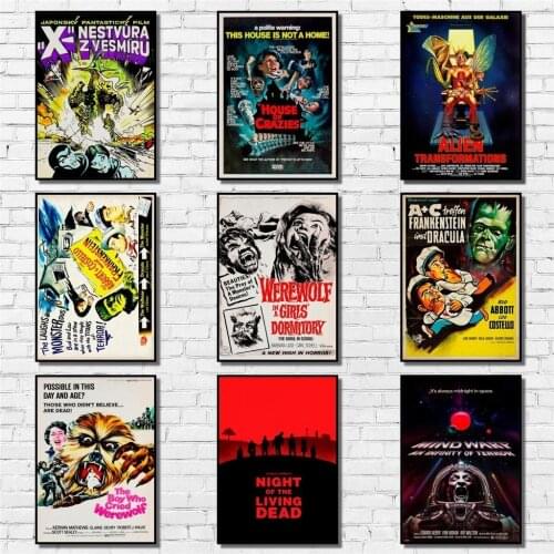 Vintage Horror Film Poster Retro Whitepaper Poster Art Painting Fancy Wall Sticker for Coffee House Bar