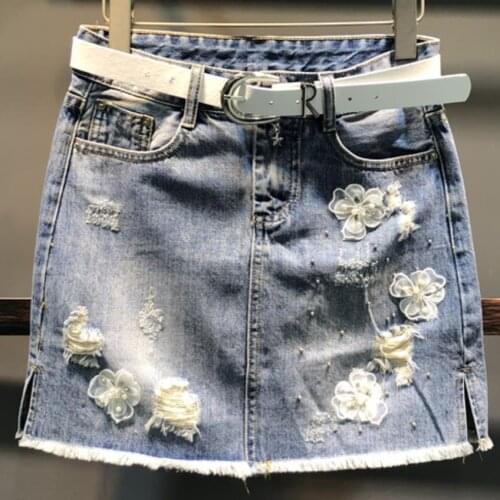 Spring summer new fashion women beaded denim skirt three-dimensional flower embroidered tassel package hip jeans short skirt