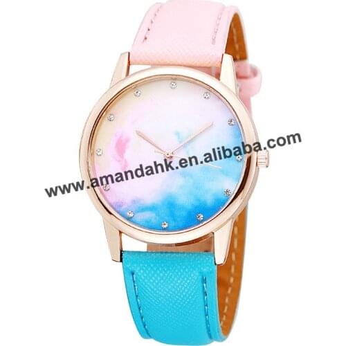 High Gradient Color Embossed Rhinestone Leather Belt Rainbow Multicolor Women Quartz Watch Pink Blue Two Color Strap Watches