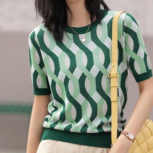 Alien Kitty Womens Summer Knitted Short-Sleeved 2021 New Retro Hit Color Striped Sweater Hong Kong Style Loose Thin Tops