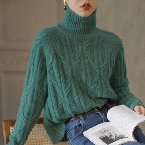 2021 autumn winter new high neck sweater women cable wool sweater knitting thick loose large size wool bottoming sweater tide
