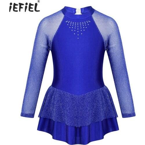 Iefiel Kids Long Sleeves Ballet Leotards Girls Dancewear Mock Neck Shiny Rhinestone Figure Ice Roller Skating Ballet Dance Dress