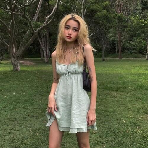 Summer Sexy Spaghetti Strap Dress Mini Drawstring Lace-up Solid Dresses A-line Club Backless Dresses Women Dress Aesthetic 2021