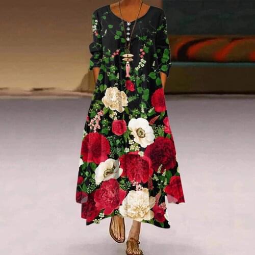 Women Floral Print Dress Loose Long Maxi Oversize Bohemian Summer Beach Dress Casual O Neck Dress Ropa Mujer #G3