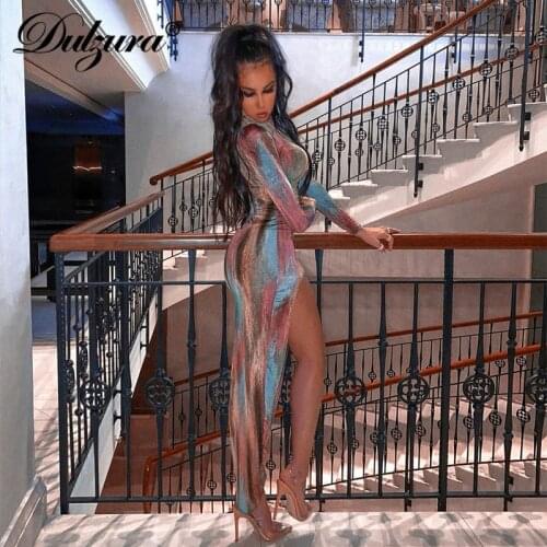Dulzura tie dye print women midi dress long sleeve bodycon sexy side slit turtleneck party elegant 2019 autumn winter clothes