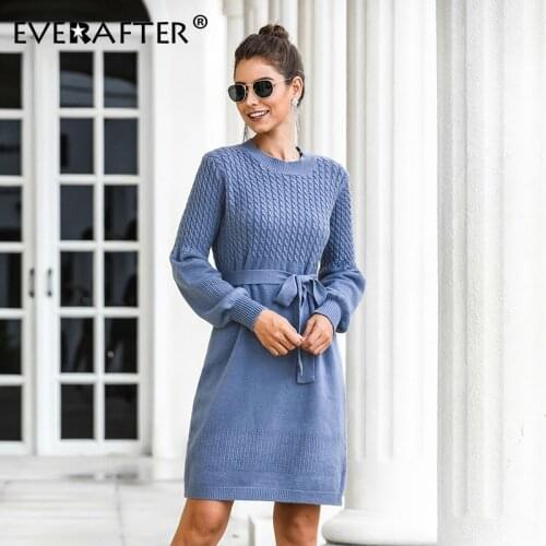 EVERAFTER Twist o-neck women sweater dress solid sashes lantern sleeve bandage knitted dress casual streetwear autumn dress hot