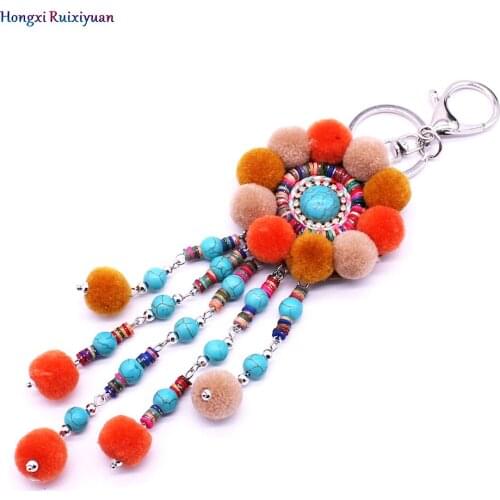 Bohemian handmade color beaded cotton ball flower tassel charm lady key chain national style fashion key ring bag jewelry