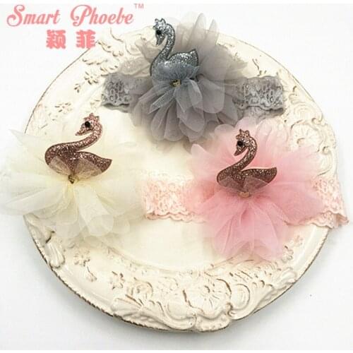 15pcs Fashion Cute Glitter Swan Soft Hair Bands Solid Kawaii Gauze Floral Animal Girls Lace Headbands Headwear Accessories