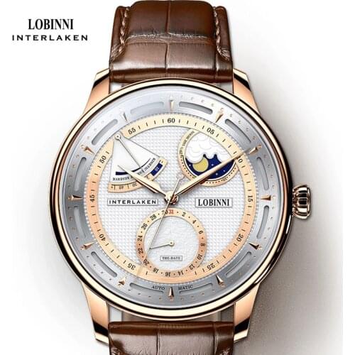 LOBINNI Top Brand Luxury Men Automatic Mechanical Watch Waterproof Sapphire Crystal Watches Power Reserve Moonphase Men Clock