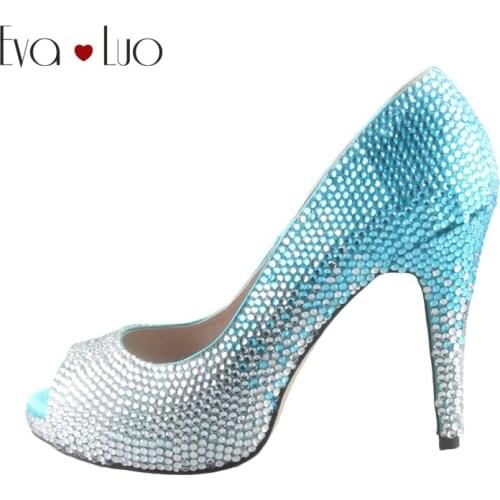 CHS568 Peep Toe Turquoise Blue Crystal High Heels Dress Pumps Bridal Wedding Shoes Women Shoes Pumps Custom Made Big Size