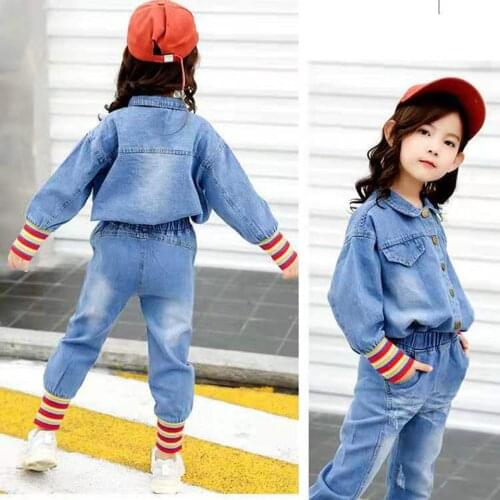 Kids Baby Girls Clothing Sets 2019 New Spring Autumn Fashion Style Warm Denim Coats+Striped Trousers 2Pcs Suits Girls Clothes