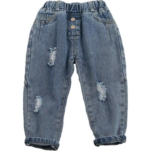Kid Girls Jeans Elastic Waist Denim Ripped Pants for Vacation Birthday Party Photography