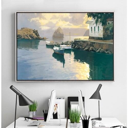 Cotton no frame Mediterranean sea white boat canvas printings oil painting printed on cotton home wall art decoration pictures