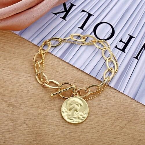 Kissme European Style Queen Portrait Coin Charm Bracelets For Women Gold Color Thick Link Strand Chains Vintage Fashion Jewelry