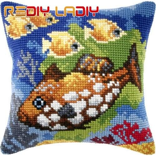 Cross Stitch Cushion Cartoon Fish Chunky Yarn Cross-Stitch Kits Needlework Pre-Printed Canvas Pillow Home Decor Art & Crafts