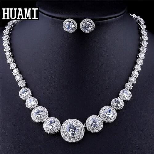 HUAMI Round Stud Earrings Nacklace for Women Fine Jewelry Sets Beads Bridal Wedding CZ Dress Jewelry Party Regalos Para Mujer