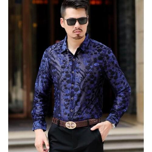Lace Silk Mens Casual Long Sleeve See Through Vevlet Floral Soft Thin Men Social Business Dress Shirt