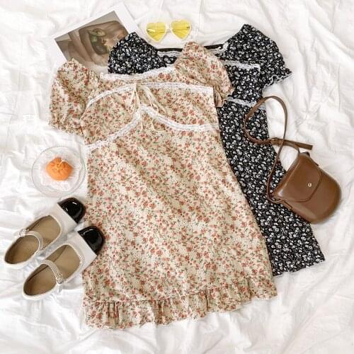 Retro sweet floral lace stitching summer square collar collarbone slim lotus leaf dress