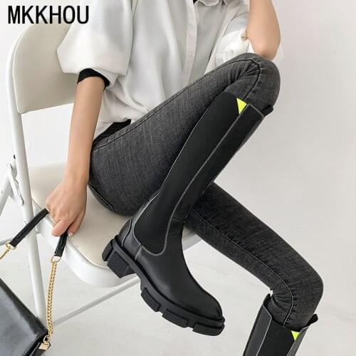 MKKHOU Fashion Knee-high Boots Womens New Winter Genuine Leather Round Toe Comfortable Thick-soled Boots Stretch Chelsea Boots
