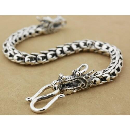 LINSION 925 Sterling Silver Handmade Dragon Chain Mens Punk Rock Biker Bracelet 8F003