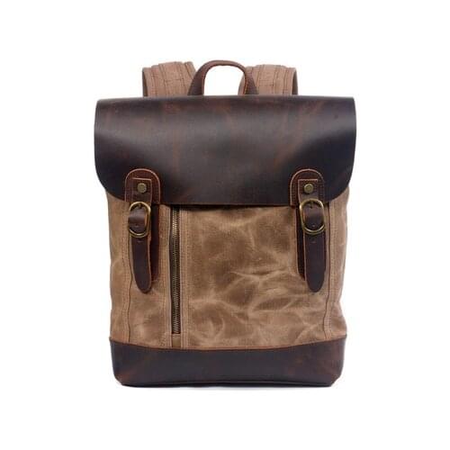 Retro oil wax canvas Crazy Horse Leather Backpack Belt Buckle Waterproof Backpack Mens Bag