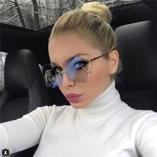 New Fashion Rimless Gradient Clear Sunglasses Women Luxury Oversized Celebrity Blue Lens Sun Glasses For Men Curved Legs