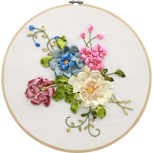 Wholesale DIY Kit Ribbon Embroidery Hoop for Beginner Needlework Flower Cross Stitch Kits Sewing Art Set Handmade Craft Painting