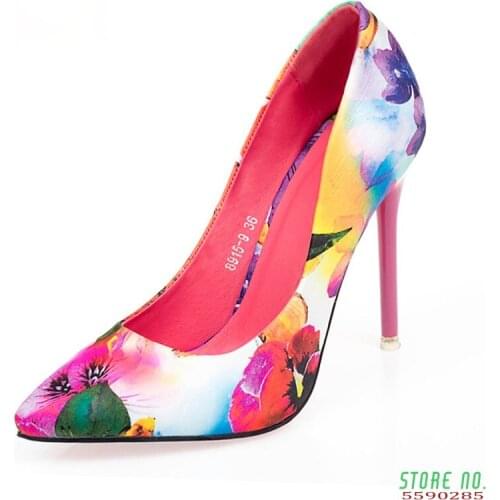 Women High Heels Shoes Satin New Thin High Heels Printing Flowers Classic Pointed Toe Women Pumps Women Shoes