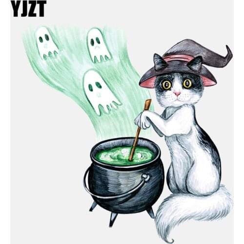 YJZT 13CM*13.7CM Cute Cat Witch Decal PVC Motorcycle Car Sticker 11-01102
