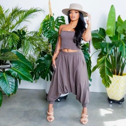 2021 Best Quality Famous Brand 2 pcs Women Set Solid Slash Neck Short Tops and Loose Long Pants Summer Casual Elastic Outfits