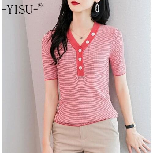 YISU 2021 New Summer Women Sweater V-Neck Solid color Knitted pullove Short sleeve Slim Summer tops Female Casual Jumper