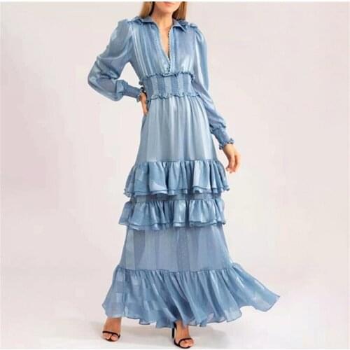 High Quality Fashion Spring Autumn New Women Vintage Elegant Chic Casual Party Designer Long Sleeve Cascading Ruffle Long Dress