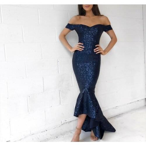 Elegant Long Sequined Off Shoulder Evening Dresses Mermaid Corset Back V-Neck Navy Blue Abendkleider Robes De Soirée for Women