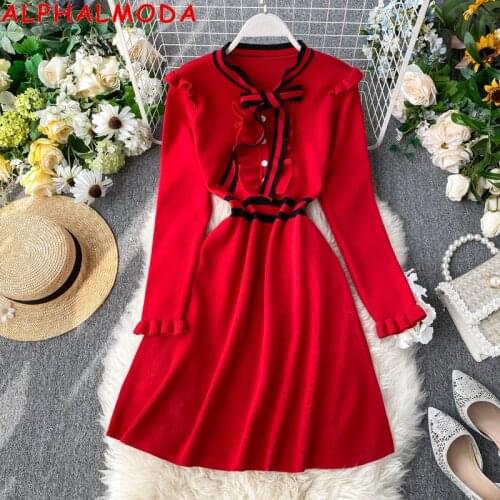 ALPHALMODA Womens Dress Autumn and Winter 2019 New Striped Bow Collar Ruffled Sleeved Preppy Style Girls Sweet Knit Dress