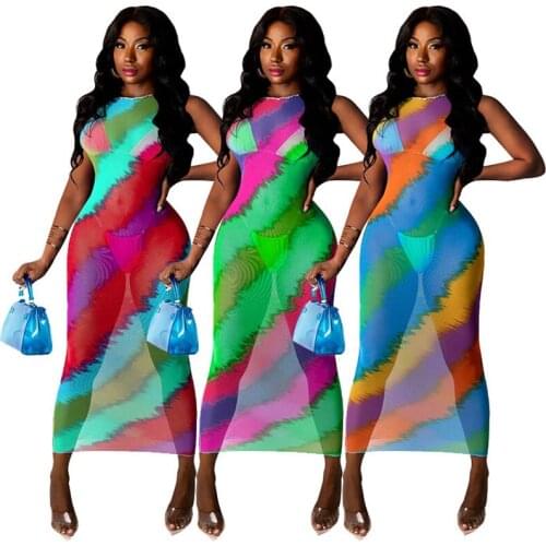 2021 Sheer Mesh See Through Summer Fashion Dress For Women SLeeveless Multi Print Bikini Cover Up Nightclub Party Bodycon S-XXL