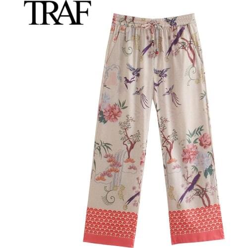 Traf Za Women Fashion Drawstring Sweatpants Elastic High Waist Wide Leg Pants Satin Print Ankle Pants Mujer